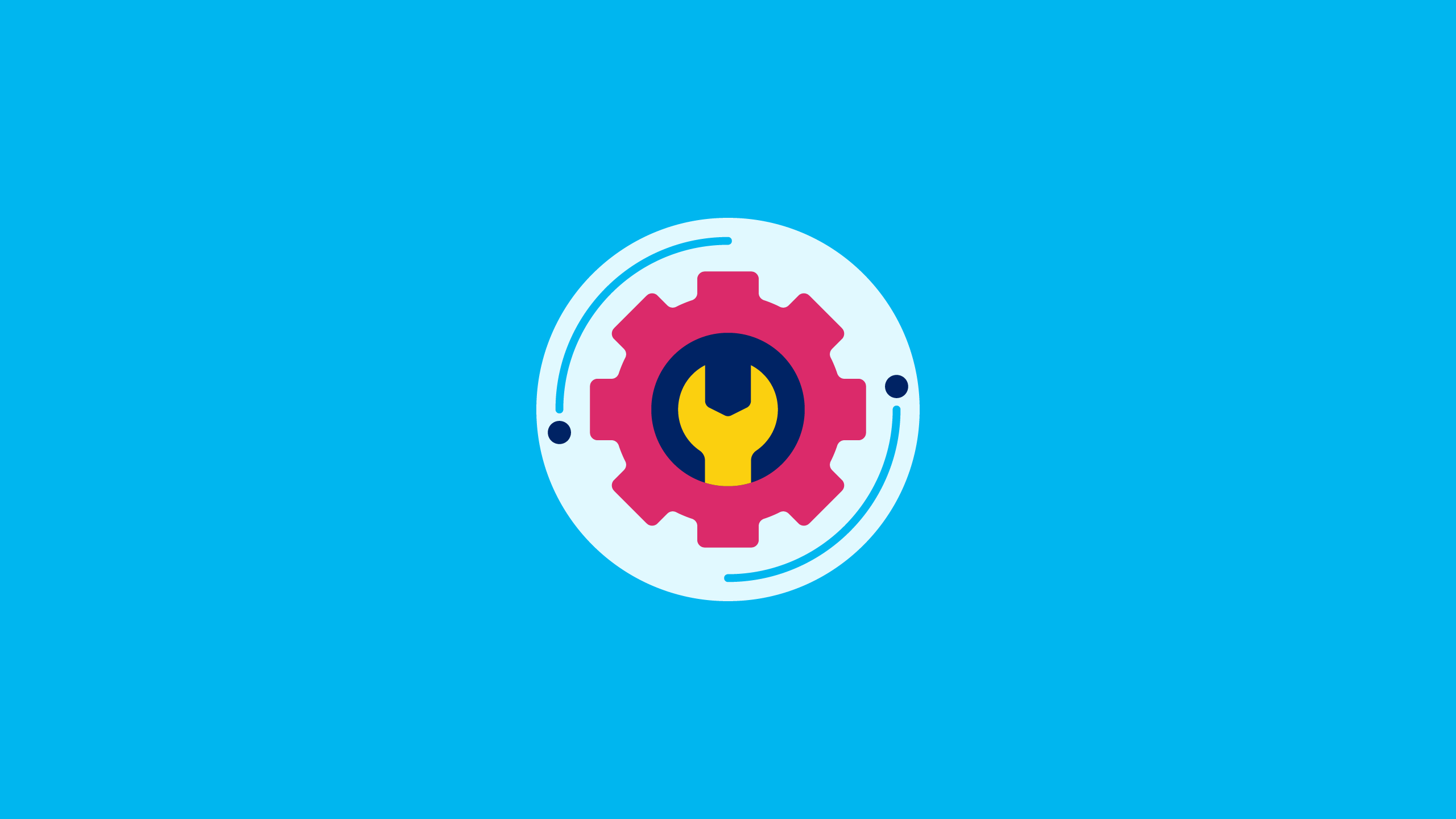 Illustration of a yellow wrench centered inside a pink gear icon.