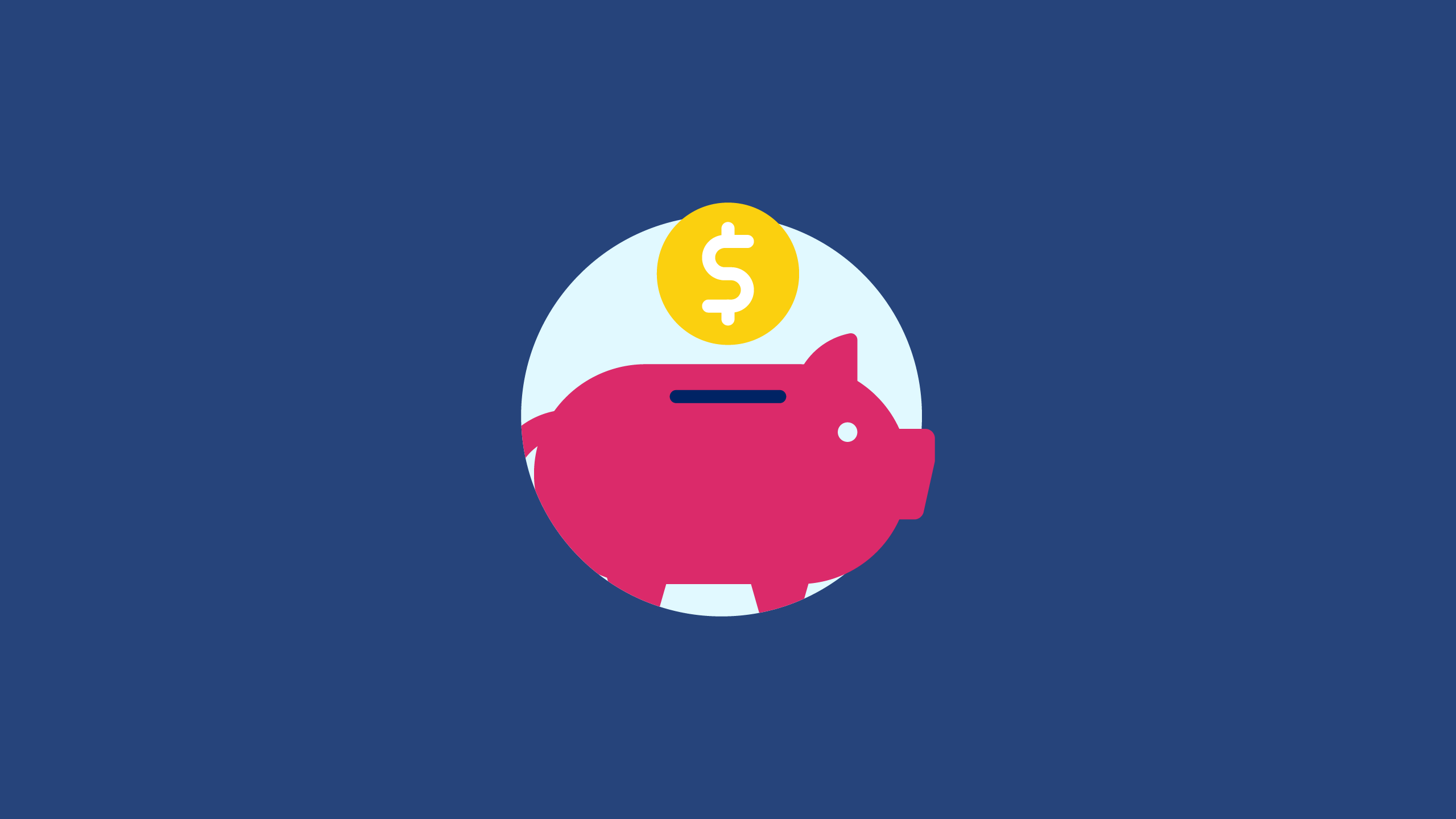 Illustration of a fuchsia piggy bank facing ot the right with a yellow coin floating above it.