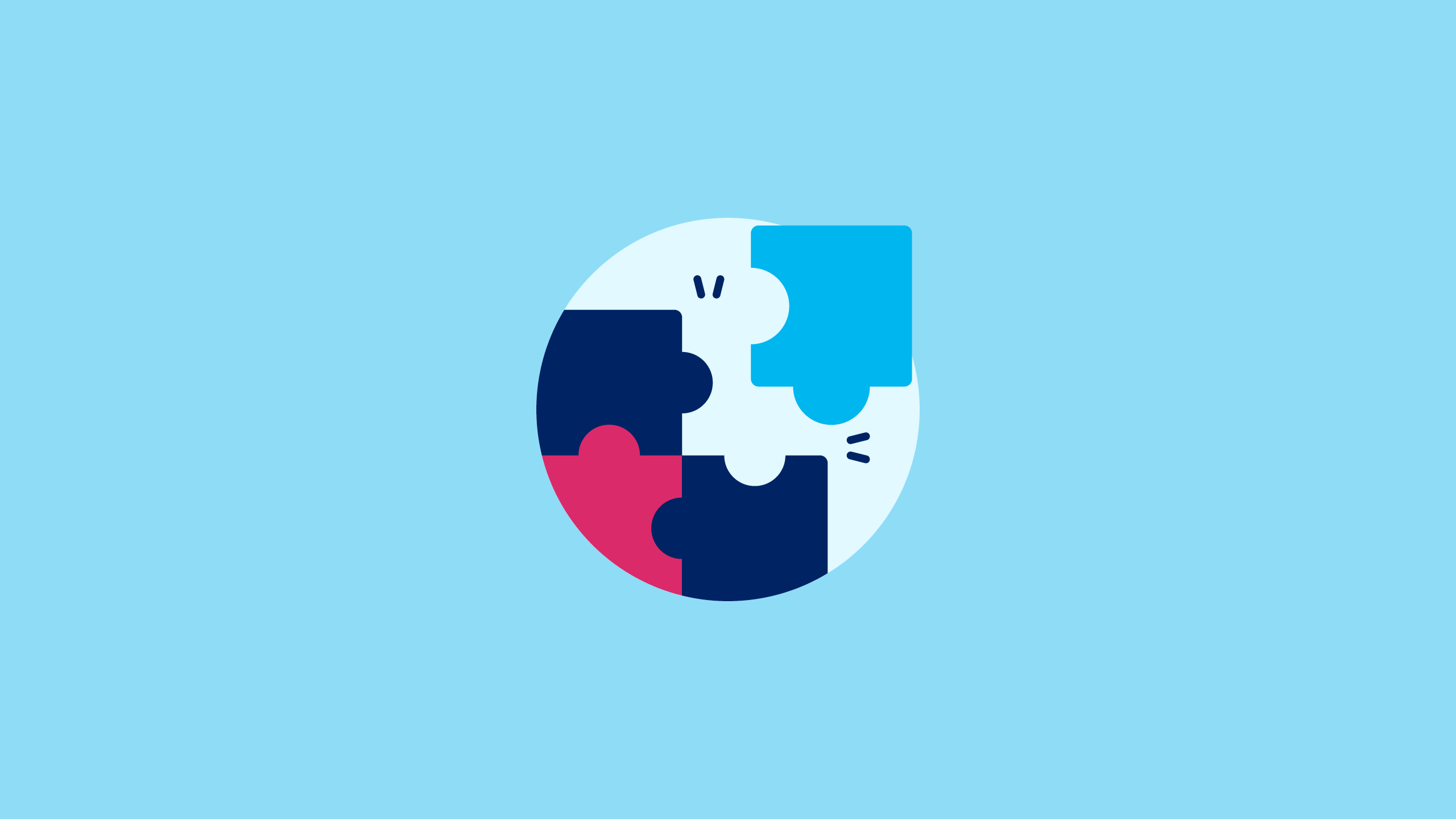 Illustration of 4 puzzle pieces - 2 navy pieces and 1 pink piece fitted together with 1 light blue corner piece floating above about to connect with the others.